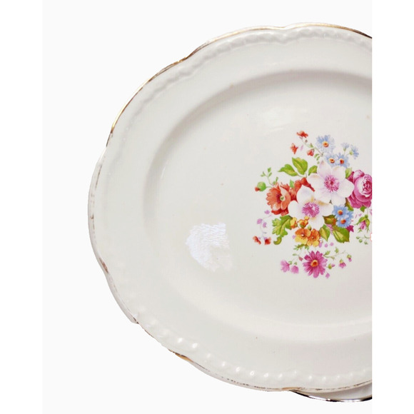 VTG Crooksville Oval Serving Plate Platter Embossed Gold Trim Floral Rose 13.5” - Picture 6 of 8